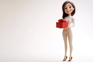 30-year-old Chinese professional woman, 3D character design Cartoon style holding an open red gift box, smiling and standing on the right