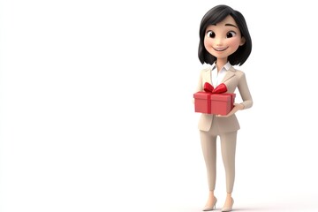 30-year-old Chinese professional woman, 3D character design Cartoon style holding an open red gift box, smiling and standing on the right