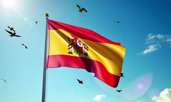 Spain flag HD video. Spain flag on flagpole waving footage