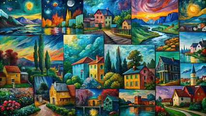 Fototapeta premium Vibrant collage of post-impressionist landscapes showcasing idyllic homes and serene natural scenes with colorful skies and rich vegetation