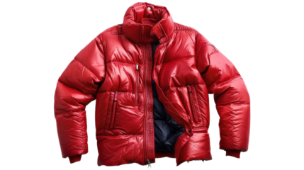 Male red puffer jacket on transparent background