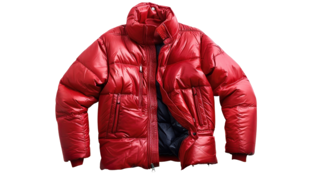 Male red puffer jacket on transparent background