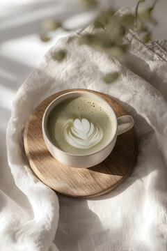 A creamy matcha latte art, served in a minimalist cup atop a wooden coaster. Perfect for a calm morning.