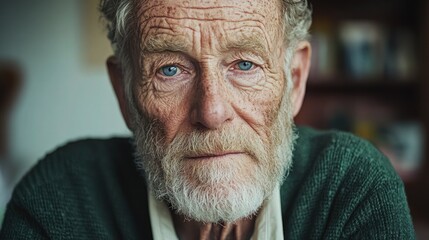 Close-up of an elderly man with striking blue eyes and a thoughtful expression.