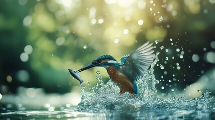 Female kingfisher splashing out of water after failed fishing attempt