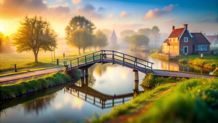 Obraz premium Miniature Bridge in Misty Reeuwijk, Netherlands - Tilt-Shift Photography