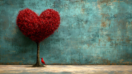 A Valentine graphic featuring a hand-drawn heart tree surrounded by lovebirds, styled in a whimsical folk art aesthetic with vibrant and intricate details, symbolizing romance,