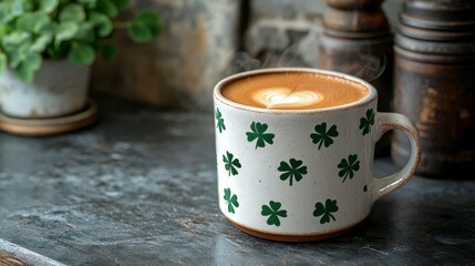 Hot beverage in a decorative cup with clovers on a sunny wooden table in a garden setting