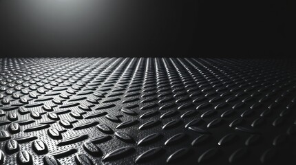 Fototapeta premium seamless metal floor plate with a diamond pattern on a black metal background, featuring contrasting chiaroscuro lighting, deep shadows