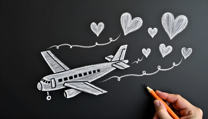 Hand-drawn airplane with hearts on a chalkboard background