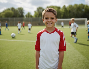 Junge im Fußballtrikot auf dem Fußballplatz