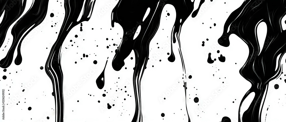 Poster dynamic flow of black ink drips creating a seamless pattern on a white background