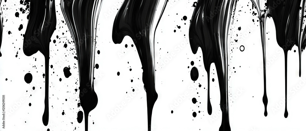 Poster stylish black ink drips create flowing lines on a white background for seamless pattern design