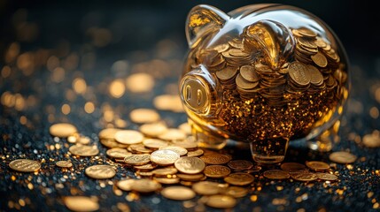 Beautiful glass piggy bank filled with shiny coins on a dark surface highlighting savings and finance