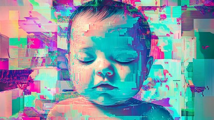 Abstract Portrait of a Baby with Digital Glitch Effect and Neon Colors