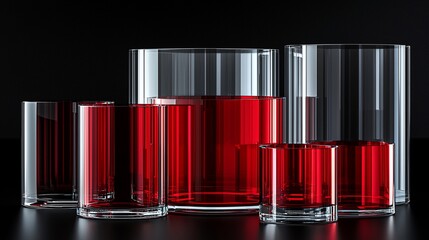 Red liquid in cylindrical glasses on black background.