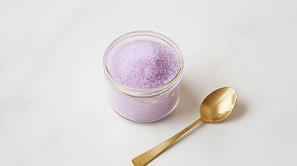 Lavender bath salts in a glass jar with a gold spoon. Perfect for relaxation and self-care.