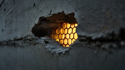 Close-up of a honeycomb structure illuminated through a wall crack.