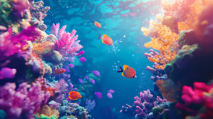 Vibrant underwater scene with colorful fish and coral reef. Vibrant Reef. Illustration
