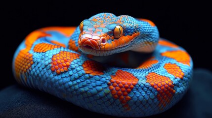 Fototapeta premium A vividly colored blue and orange snake is coiled artfully, showcasing its distinct scales and patterns in stark contrast against a dark background.