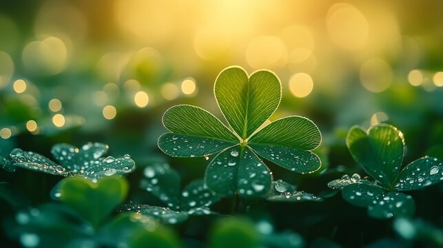Heart-shaped clover leaves glistening with dew in a sunlit meadow during early morning