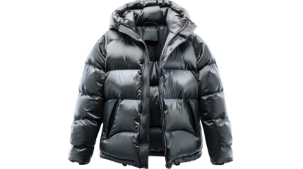 Male gray puffer jacket on transparent background 