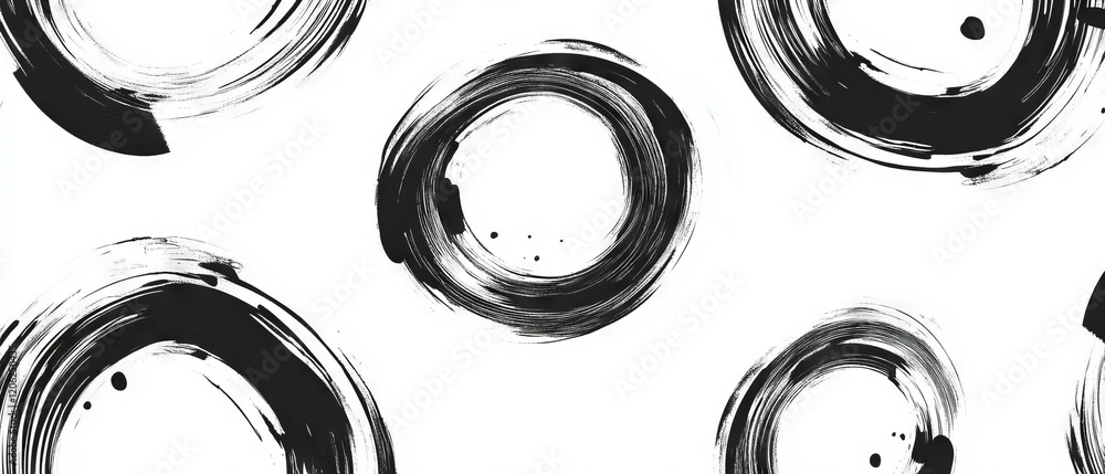 Poster seamless pattern of interlocking black ink circles on a stark white background