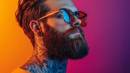 A bearded man wearing sunglasses displaying intricate tattoos on neck and arms, reflecting modern fashion and self-expression in a colorful setup.