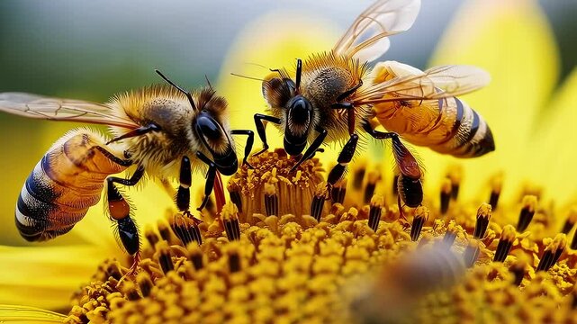Two honey bees pollinating a bright yellow sunflower close up detailed image