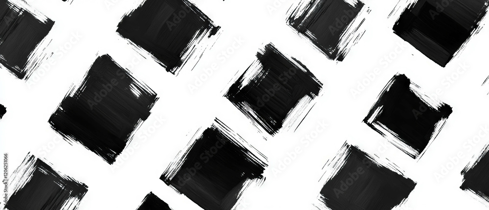 Poster overlapping black ink squares create a bold seamless pattern on a white background