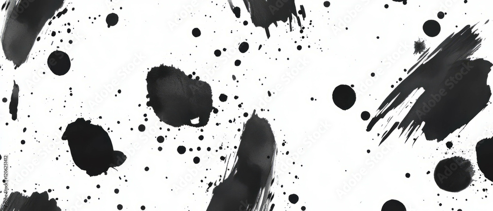 Poster sparse black ink marks create a minimalist pattern on a white background
