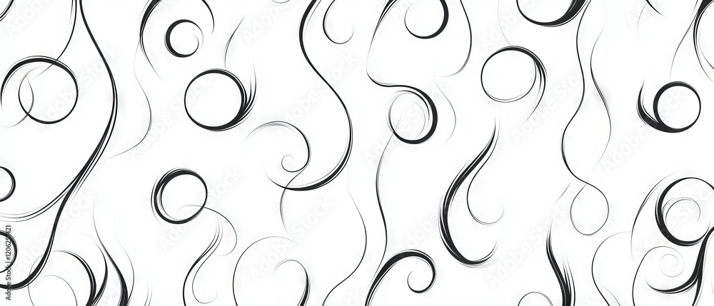 Poster spiraling black ink lines create a dynamic seamless pattern on a stark white background