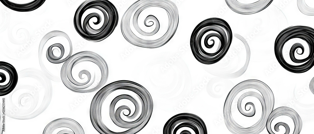 Poster spiraling black ink lines create a bold seamless pattern on a white background