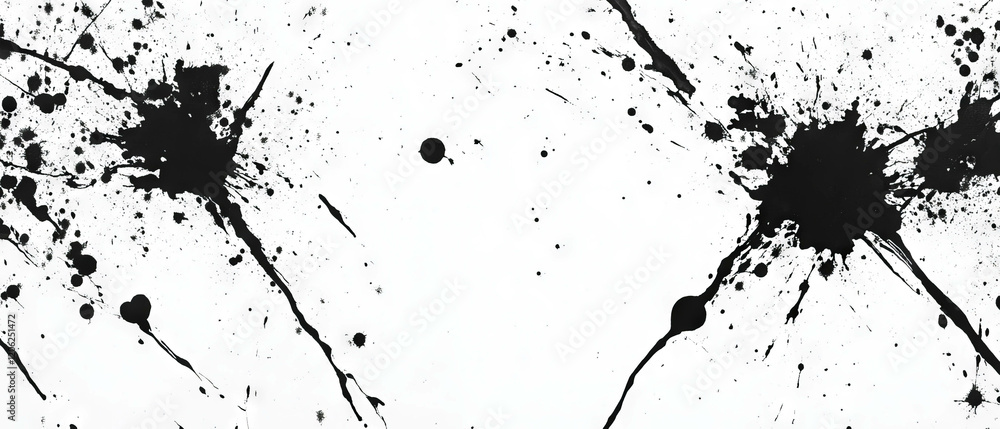 Poster unique splattered black ink pattern on a pristine white background for artistic design