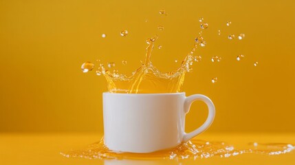 A white ceramic cup is filled with vibrant orange liquid, captured in a dynamic splash, set against...