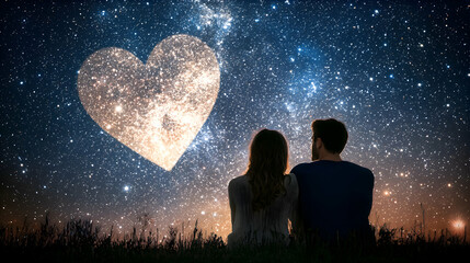 Obraz premium A Valentines scene with a couple watching a heart-shaped constellation in the night sky, styled in a celestial dreamscape aesthetic