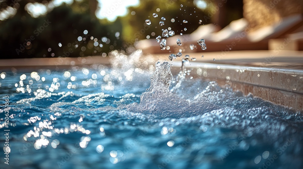 Poster splashing water droplets create a refreshing atmosphere in a sunny pool setting during summer