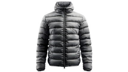 Male gray puffer jacket on transparent background 