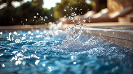 Splashing water droplets create a refreshing atmosphere in a sunny pool setting during summer