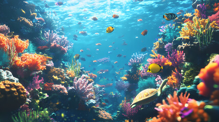 Fototapeta premium A vibrant coral reef ecosystem underwater, filled with colorful fish, coral, and sea turtles, creating a bustling natural community. Vibrant Reef. Illustration