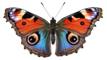 Close-up of a vibrant peacock butterfly with intricate wing patterns, isolated on a white background