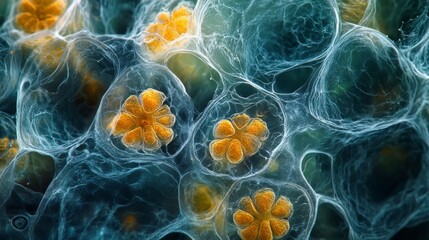 An intriguing microscopic view reveals organic cells with vibrant orange structures surrounded by a translucent network, showcasing complexity and life science beauty.