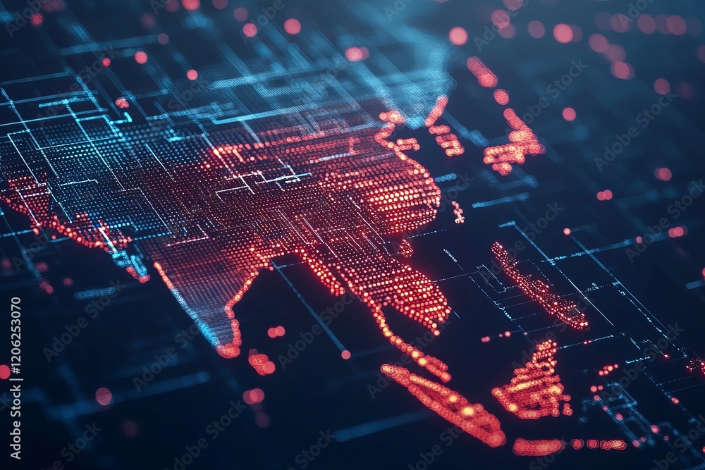 Poster digital asia map network technology global connection red orange abstract futuristic background mode