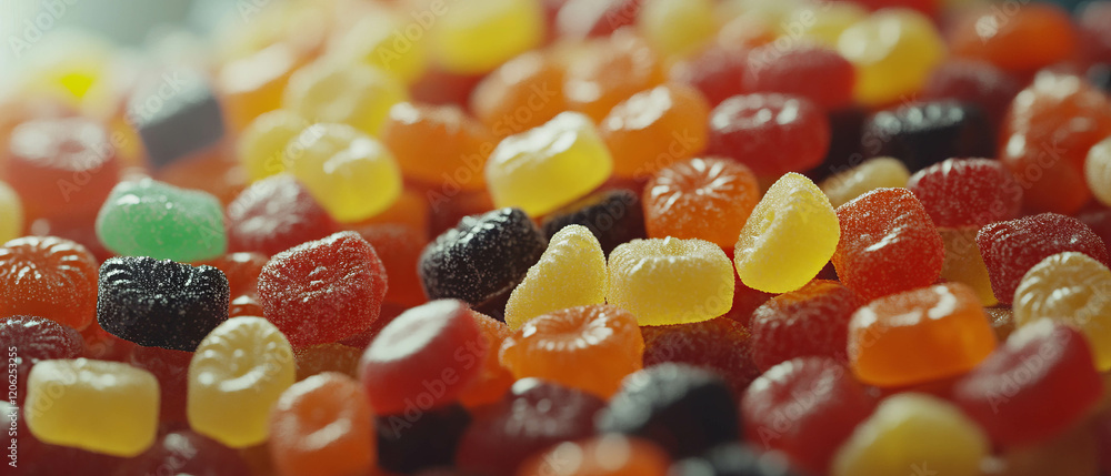 Poster colorful assorted candies and snacks in various shapes creating a vibrant display