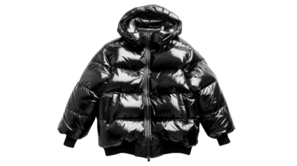 Male black Puffer jacket on transparent background 