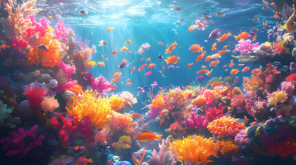 Fototapeta premium A vibrant underwater scene showcasing a diverse coral reef teeming with colorful fish and marine life, with plenty of light solid color background. Vibrant Reef. Illustration