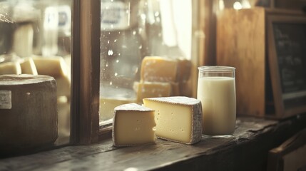 Fresh cheese and milk displayed on a rustic wooden table beside a sunlit window
