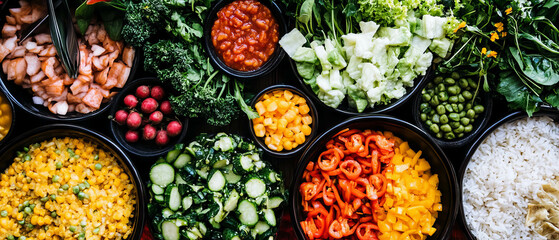 Healthy colorful vegetable stir-fry with rice served in a vibrant Asian style