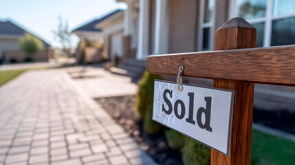 A "Sold" sign prominently displayed on the lawn in front of a luxurious white house with large windows and a manicured garden, perfect for a real estate advertisement.