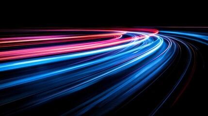 Dynamic light trails of red and blue streak across the dark landscape, creating a captivating sense of motion and futuristic energy, perfect for a modern setting.